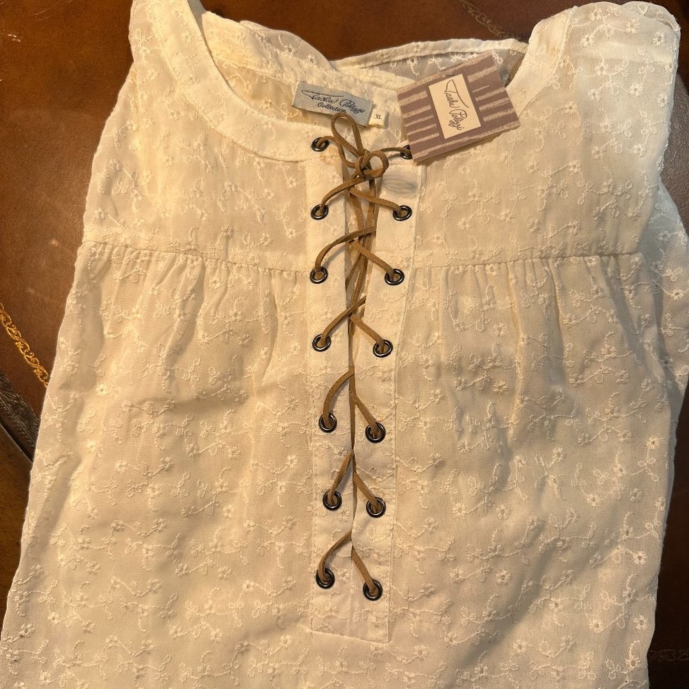 Tasha Polizzi Peasant Style Cream Eyelet Lace-up Women's Blouse Size XL NWT